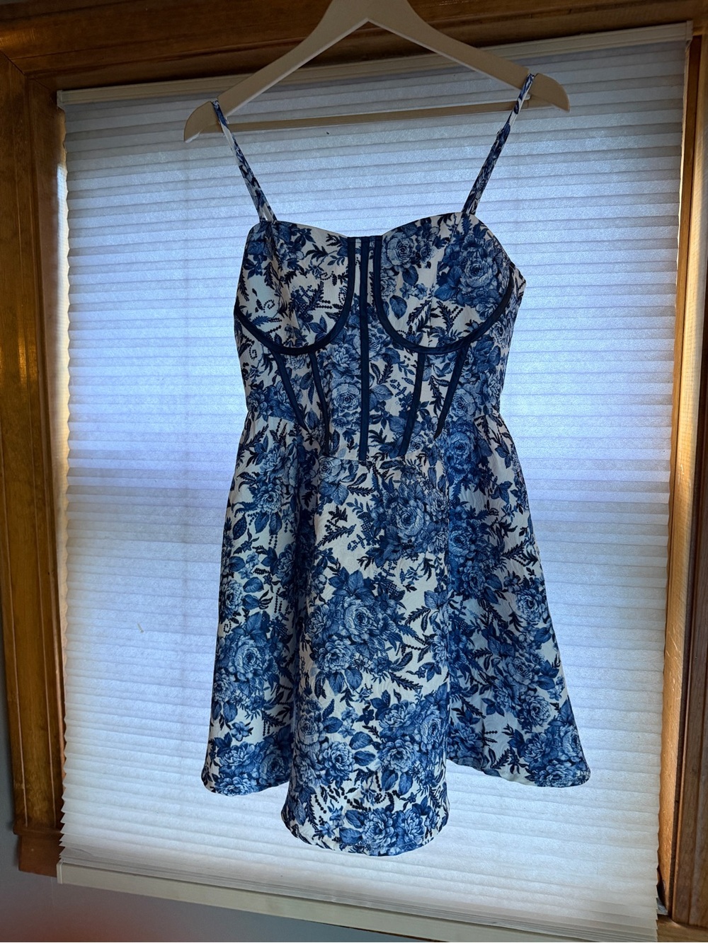 Blue Floral Fit-and-Flare Dress with Spaghetti Straps 0163